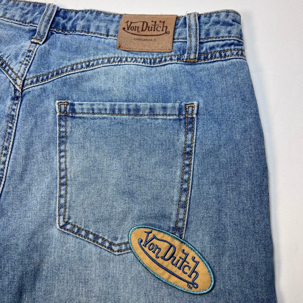 Von Dutch Wide Leg Jeans Womens 13 Blue Medium Wash Y2K Baggy Logo Patch Graphic - Picture 15 of 16